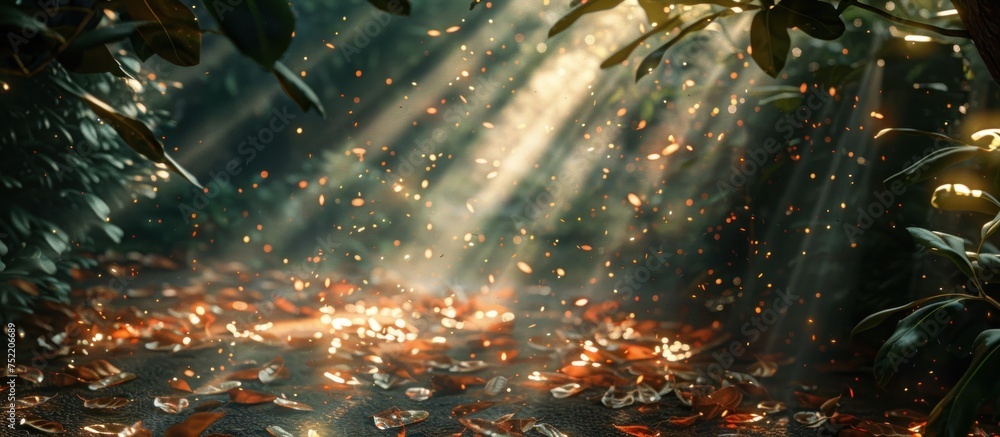 Poster bright sunlight filters through the lush green leaves of a tree, creating a pattern of light and sha
