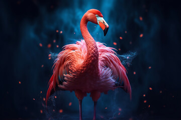 Portrait of a flamingo on a colorful background. Emotive portrait - obrazy, fototapety, plakaty