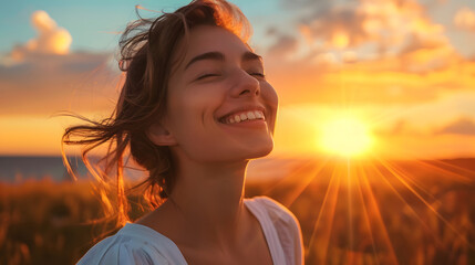 create a hyper realistic photo of a very happy woman looking over the horizon
