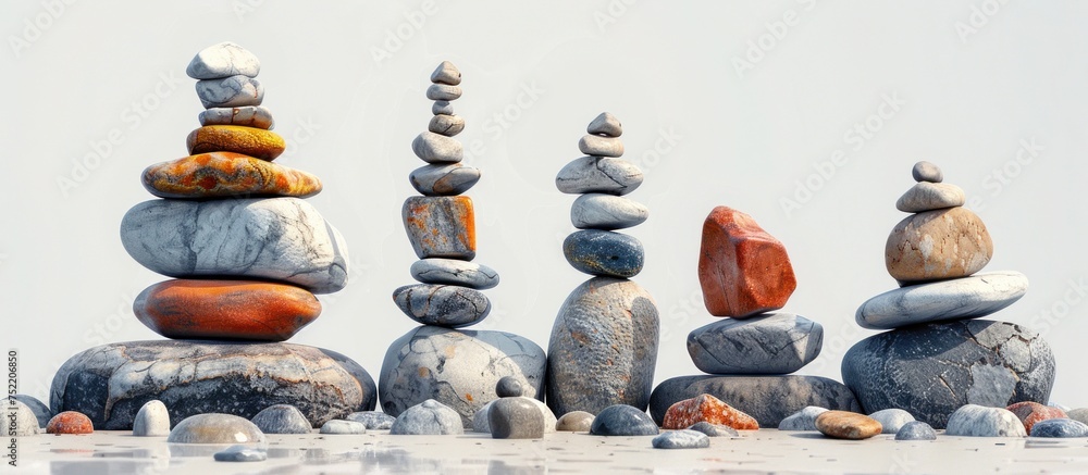 Poster a group of rocks skillfully balanced and stacked on top of each other.