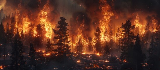 A forest filled with numerous trees engulfed in a raging fire, creating a scene of destruction and danger.