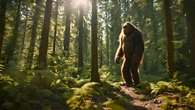 A large bigfoot creature is seen standing in the middle of a dense forest, surveying its surroundings