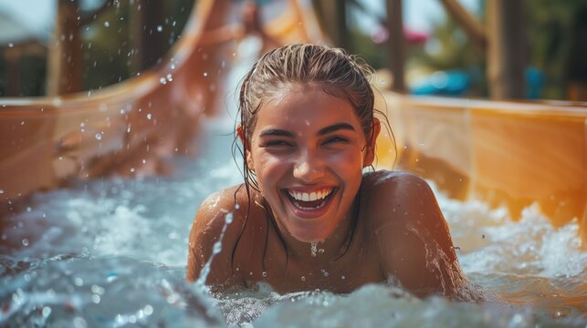 Portrait of a woman going down a slide in a water park. Water park entertainment, vacation, summer fun and travel concept.