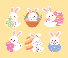 Obraz na płótnie Canvas Set of cute easter rabbit vector. Happy Easter animal element with white rabbits in different pose, flower, eggs, basket. Bunny character illustration design for clipart, sticker, decor, card. 