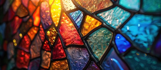 Detailed close-up of a vibrant stained glass window featuring intricate designs and colorful patterns. - obrazy, fototapety, plakaty