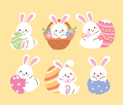Set of cute easter rabbit vector. Happy Easter animal element with white rabbits in different pose, flower, eggs, basket. Bunny character illustration design for clipart, sticker, decor, card.	