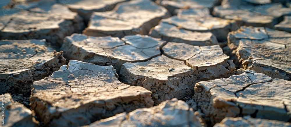 Poster a detailed view of a weathered concrete surface showing deep cracks and textures.