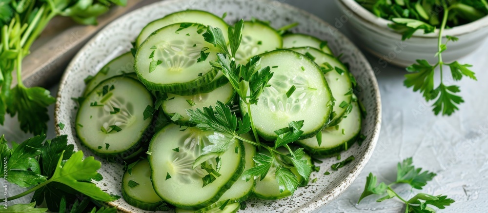 Aufkleber neatly sliced cucumbers arranged in a bowl with parsley on the side.