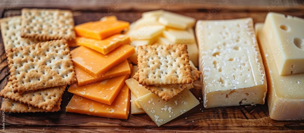 Poster a wooden cutting board is arranged with a variety of crackers and slices of cheese. the snacks are n