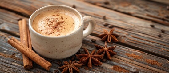 A cup of coffee with cinnamon and star anise placed on a wooden table.