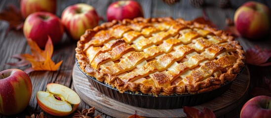 A delicious apple pie, freshly baked and still warm, sits on a rustic wooden table. The pie is golden brown with a flaky crust and steam rising from its center. - obrazy, fototapety, plakaty