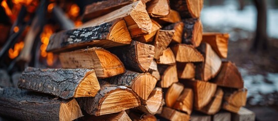A pile of regular wood logs sits next to a stack of neatly arranged firewood logs, ready for winter use.