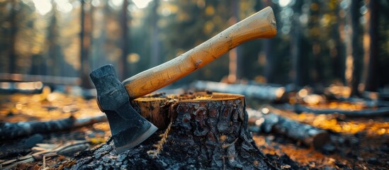 An axe with a wooden handle is firmly lodged in a tree stump among the dense foliage of a forest setting. - Powered by Adobe