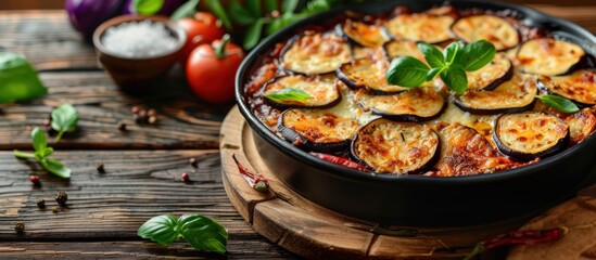 A casserole dish filled with traditional Greek moussaka is displayed on a wooden table, showcasing a delicious homemade meal.