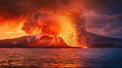 Fotobehang Volcano eruption in the sea, new island formation, sunset light © Kondor83