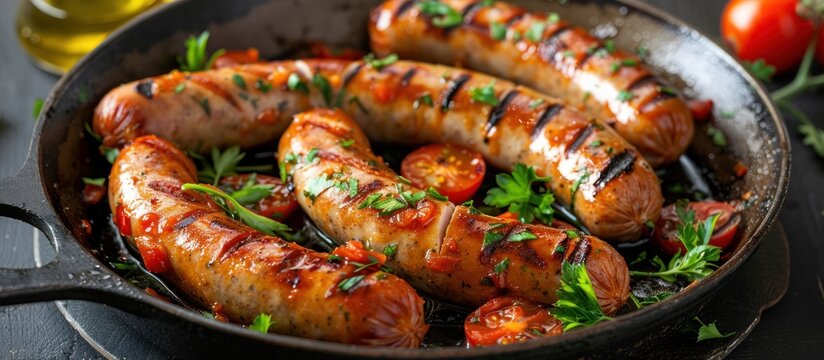 A skillet with sausages sizzling next to fresh tomatoes.