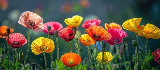Obraz premium A bunch of colorful wild poppy flowers bloom and thrive in the lush green grass of a field.