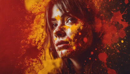 Splattered in Emotion: Abstract Portrait of a Woman in Red, Yellow and Orange
