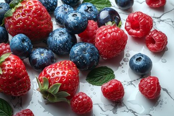 Fresh strawberries, blueberries, and raspberries with water droplets on a marble surface. Macro...
