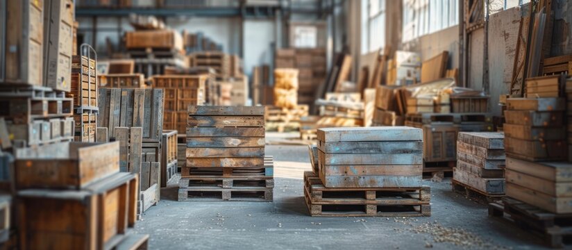 A warehouse packed with numerous wooden boxes and parcels stacked closely together.