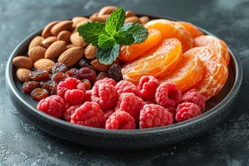 Colorful fruit and nut assortment on a textured black plate with water droplets. Close-up with...