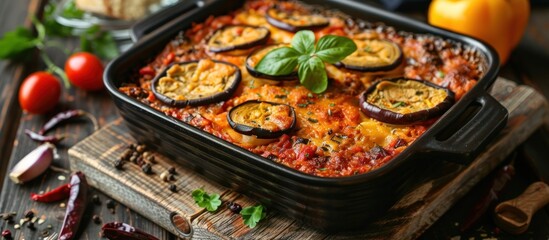 Fototapeta premium A casserole dish filled with layers of eggplant, tomatoes, ground meat, and bechamel sauce, a traditional Greek Moussaka dish.