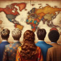 illustration of different people with world map background