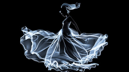 Woman dancing in translucent dress in darkness