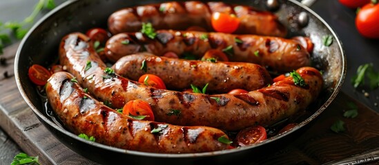 A pan filled with sizzling sausages and fresh tomatoes cooking on a stove.
