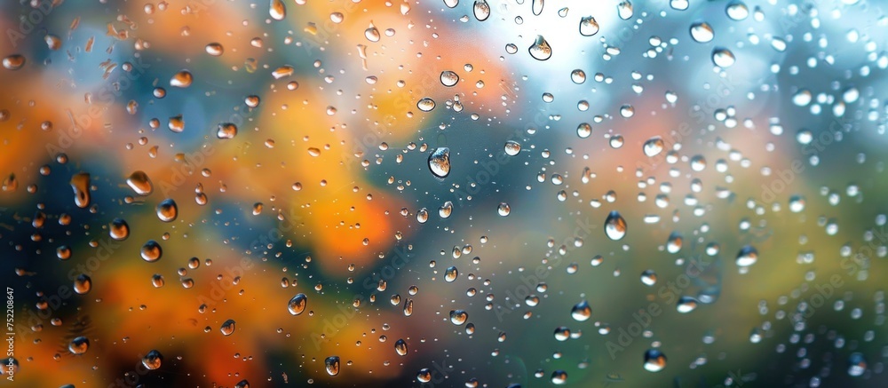 Aufkleber rain drops from autumn weather create patterns on window glass, with a blurred background.