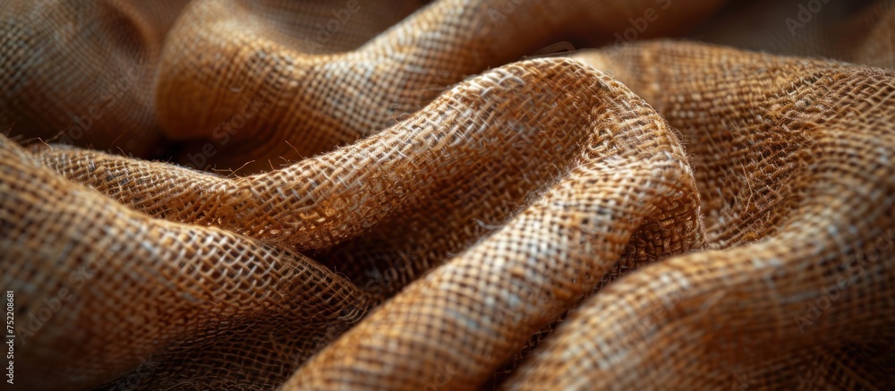 Poster detailed close up of a brown burlap fabric showing texture and weave pattern.
