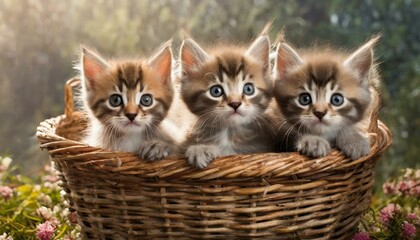 Different kittens in a basket