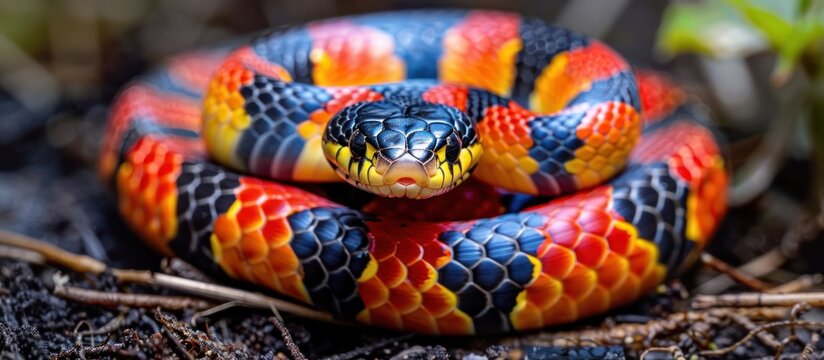 A detailed view of an Eastern Coral Snake slithering on the ground, showcasing its vibrant colors and unique patterns.