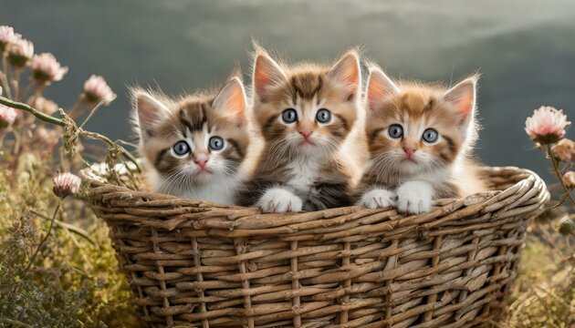Different kittens in a basket