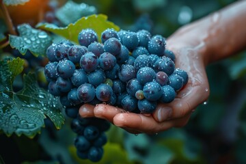 hand cradling a bunch of fresh dew-covered grapes in a vineyard. Agriculture and harvest concept. Design for wine industry marketing, fresh produce promotion, and vineyard tours - obrazy, fototapety, plakaty