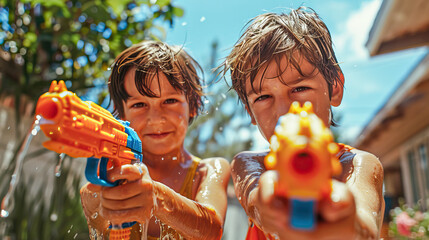 Two children in a wet pool playing with water guns in summer