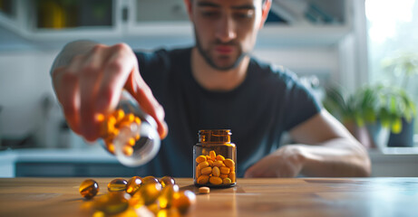 A focused man pours out yellow pills from a bottle onto a wooden table, with indoor plants in the background