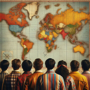 illustration of different people with world map background