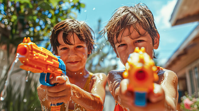 Two children in a wet pool playing with water guns in summer