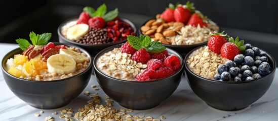 Four bowls filled with granola, fruit, and nuts arranged neatly on a table.