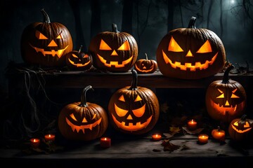 "Halloween pumpkins artfully arranged on a wooden table amidst the mist and darkness of a spooky forest at night.