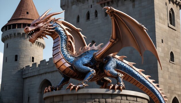 Hyper Realistic Image Of An Intricate Mechanical Dragon With Scales Made Of Polished Copper And Sapphire  Coiled Around A Medieval Tower (2)