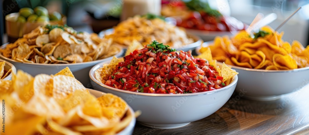 Poster a close-up view of multiple bowls filled with food neatly arranged on a table.