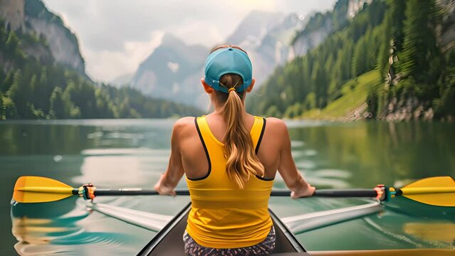 Watch a woman with a yellow shirt skillfully rowing a canoe through calm waters