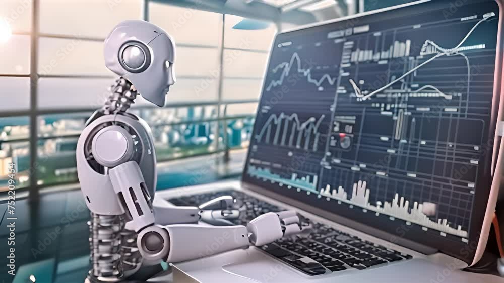 Poster robot is seated in front of a laptop, interacting with the screen using its mechanical arms and fing