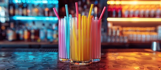Bright multicolored drinking straws arranged neatly in a tall glass container. - Powered by Adobe