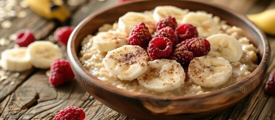 A bowl filled with oatmeal topped with fresh raspberries and sliced bananas on a wooden table.