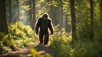 A large, hairy bigfoot creature is seen walking confidently down a dirt road in the woods