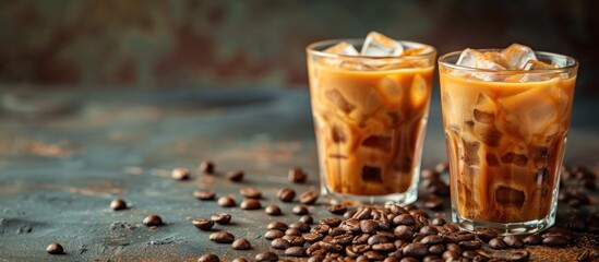 Two clear glass tumblers filled with iced coffee sit on a wooden table surrounded by coffee beans.