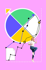 Creative graphics collage image of lucky excited lady celebrating achievement growing isolated pink color background